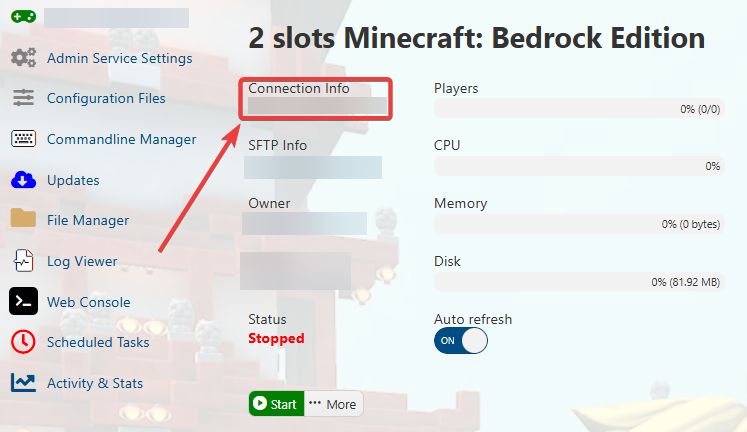 MCBE gamepanel  connection info