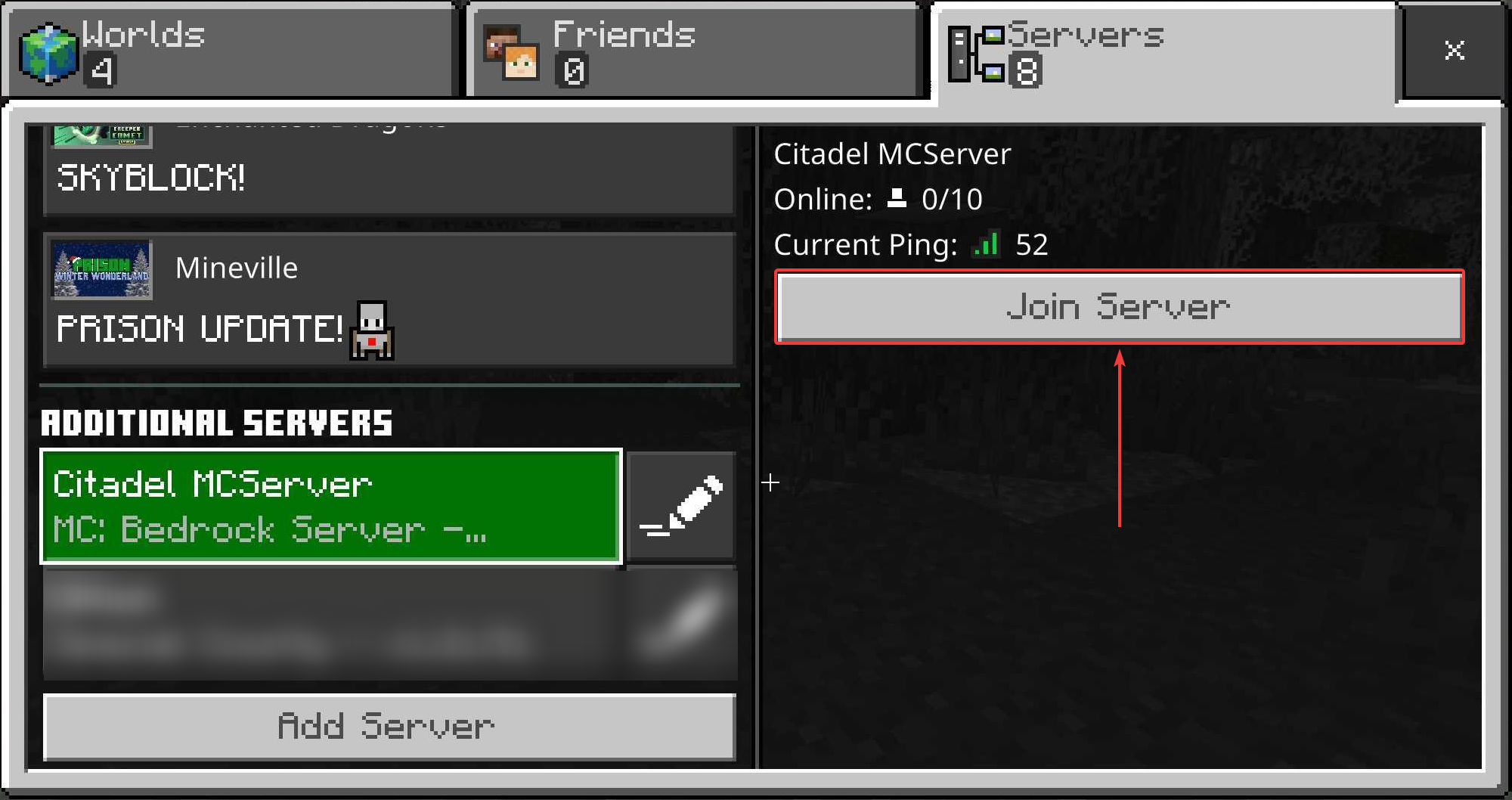 MCBE Add server join ingame