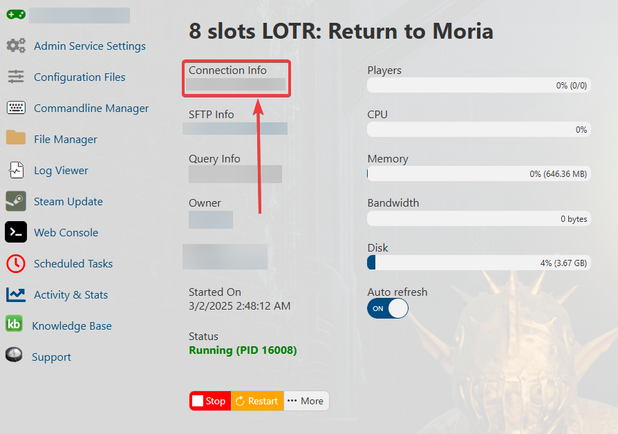 Return To Moria Game panel