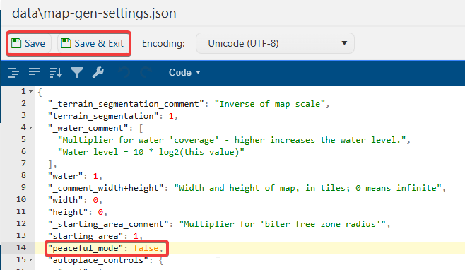 factorio-configuration-data\map-gen-settings.json-text-editor-enabling-peaceful-mode.png