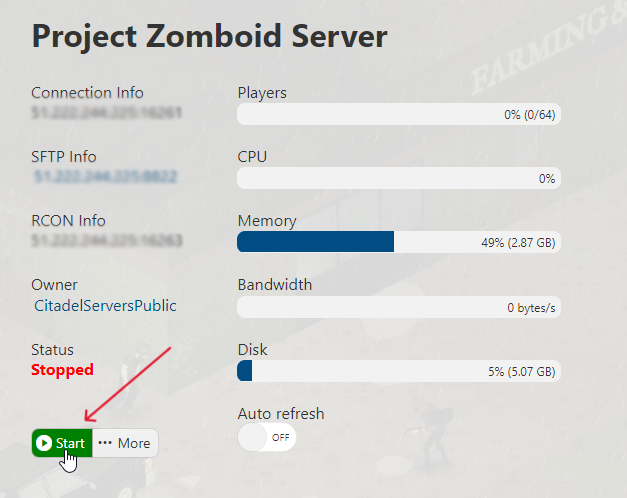 Project Zomboid - Start Server in Citadel Servers
