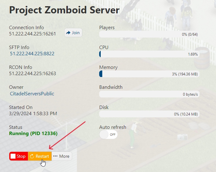 Project Zomboid - Restart Server