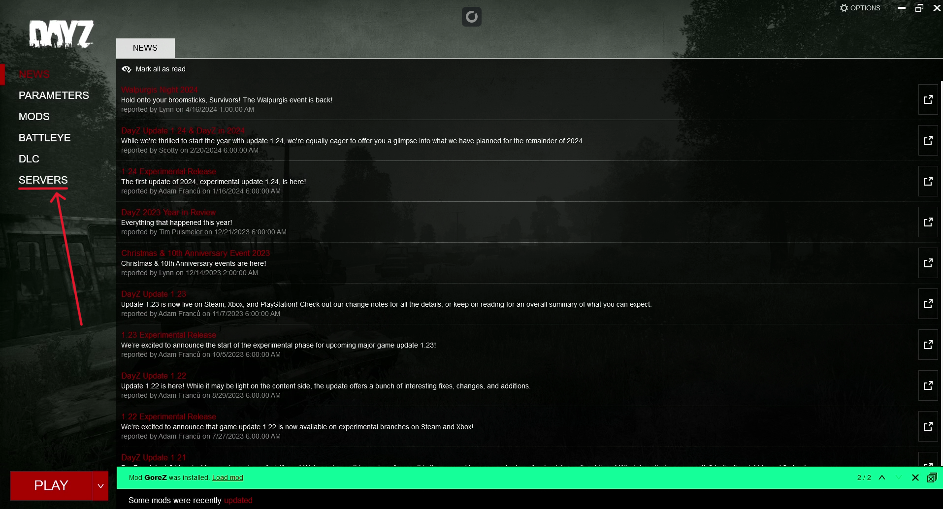 DayZ Launcher - Click on Servers section